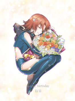 1girl blue_bodysuit bodysuit bouquet closed_eyes closed_mouth commentary_request dated flower full_body happy_birthday holding holding_bouquet mecha_pilot_suit nagi_(exsit00) orange_hair short_hair smile solo soukyuu_no_fafner synergetic_suit toomi_maya