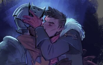 2boys bara beard closed_eyes connected_beard couple crusader_(darkest_dungeon) darkest_dungeon facial_hair from_side full_beard helmet highwayman_(darkest_dungeon) kiss knight male_focus mask_lift mature_male monstyra multiple_boys night short_hair sky surprise_kiss surprised thick_eyebrows upper_body yaoi