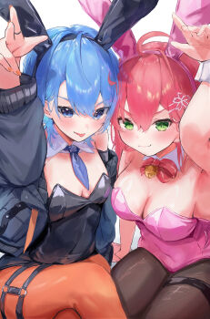 &gt;:) 2girls :p absurdres adapted_costume ahoge animal_ear_hairband animal_ears bell black_hairband black_jacket black_leotard blue_eyes blue_hair blue_necktie blush bow bowtie breasts cleavage commentary covered_navel cowboy_shot crossed_legs detached_collar double-parted_bangs fake_animal_ears green_eyes hair_between_eyes hair_ornament hairband hairclip highres holding_hands hololive hoshimachi_suisei hoshimachi_suisei_(casual) jacket jewelry kama_boko17 large_breasts leotard long_sleeves medium_hair multiple_girls nail_polish neck_bell necktie o-ring o-ring_thigh_strap orange_nails orange_pantyhose pantyhose pink_leotard playboy_bunny rabbit_ear_hairband rabbit_ears red_bow red_bowtie ring sakura_miko short_necktie small_breasts star_(symbol) star_in_eye strapless strapless_leotard symbol_in_eye thigh_strap tongue tongue_out v-shaped_eyebrows virtual_youtuber wing_collar wrist_cuffs
