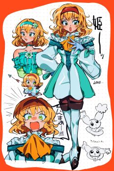 1girl :o absurdres angry aqua_choker aqua_dress aqua_hairband arrow_(projectile) ascot bare_shoulders blonde_hair boots bow_(weapon) chibi choker corsage dress gloves green_eyes grgrton hairband hand_on_own_chest hand_on_own_hip highres holding holding_bow_(weapon) holding_weapon medium_hair mieu_(tales) natalia_luzu_kimlasca_lanvaldear open_mouth orange_ascot red_hairband smile standing strapless strapless_dress tales_of_(series) tales_of_the_abyss thigh_boots weapon