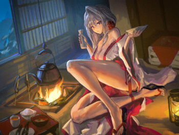 1girl atmhhh bare_legs bare_shoulders barefoot blush book breasts cleavage collarbone commentary cup english_commentary feet food goddess_of_victory:_nikke hand_fan highres holding japanese_clothes kimono large_breasts long_hair long_sleeves looking_at_viewer obi off_shoulder red_eyes sash scarlet_(nikke) sitting solo table tatami underwear window