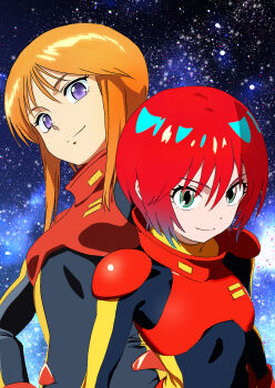 2girls absurdres amate_yuzuriha artist_request crossover green_eyes gundam gundam_gquuuuuux gundam_zz highres in-franchise_crossover looking_at_viewer mecha_pilot_suit multiple_girls nebula neo_zeon orange_hair purple_eyes puru_two red_hair science_fiction sky smile smirk space star_(sky) starry_sky