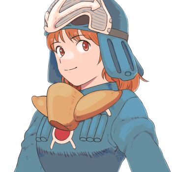 Rule 34 | 1girl, blue helmet, blue jacket, commentary, gan2, helmet, highres, jacket, kaze no tani no nausicaa, looking at viewer, mask, mask around neck, nausicaa, red eyes, red hair, short hair, simple background, solo, upper body, white background