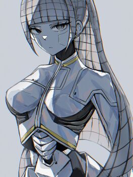 1girl albina_(project_moon) android breasts cable_hair closed_mouth commentary_request eyelashes grey_background grey_eyes high_ponytail highres korean_commentary limbus_company long_hair looking_at_viewer medium_breasts ponytail project_moon ranyo0680 sidelocks simple_background solo standing upper_body