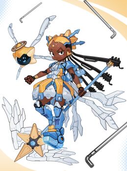 1girl adapted_costume aika_(kiana_mai) android dark-skinned_female dark_skin dreadlocks dress highres holding holding_staff hoshi_(kiana_mai) i_don&#039;t_want_to_be_a_magical_girl lordyanyu magical_girl mechanical_arms mechanical_dress mechanical_hair mechanical_legs mechanization staff star_guardian:_guardian_of_the_stars star_hair_bun very_dark_skin