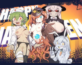 4girls :3 :p animal_ears bandaged_leg bandages bird_mask bird_wings bite_mark bite_mark_on_breast black_bow black_bowtie black_coat black_hat black_sclera black_thighhighs blue_eyes blush bow bowtie breasts breasts_apart carrot censored choker closed_mouth coat collarbone colored_nipples colored_sclera colored_skin demon_eye_(terraria) english_text fake_animal_ears feathered_wings female_focus female_pubic_hair fingernails garter_belt green_hair grey_hair grey_skin hair_between_eyes hair_over_one_eye halloween halloween_costume hat heart heart_censor highres long_hair looking_at_viewer looking_to_the_side mask mask_on_head monster_girl multiple_girls navel nipples nurse_cap nyong_nyong open_clothes open_coat open_mouth open_shirt orange_eyes personification pubic_hair pussy rabbit_ears rabbit_tail red_eyes red_hair saliva scar scylla sharp_fingernails sharp_teeth shirt short_hair single_thighhigh skeleton_(terraria) slime_(terraria) slime_girl small_breasts smile teeth tentacles terraria thighhighs tongue tongue_out top_hat v white_coat white_hair white_shirt wings yellow_eyes zombie_(terraria) zombie_girl