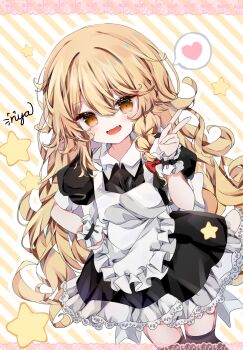 Rule 34 | 1girl, apron, blonde hair, blush, bow, braid, commentary, fang, flower wreath, hair bow, heart, highres, kirisame marisa, long hair, looking at viewer, no headwear, nya (pixiv 100585577), open mouth, puffy short sleeves, puffy sleeves, red bow, short sleeves, side braid, signature, single braid, skin fang, smile, solo, spoken heart, star (symbol), touhou, v, very long hair, white apron, yellow eyes