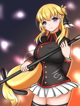 Rule 34 | 1girl, absurdres, agnes claudel, artist request, black socks, blonde hair, blue eyes, braid, breasts, bun with braided base, closed mouth, commentary request, cowboy shot, double-parted bangs, eiyuu densetsu, floating hair, folded collar, hair between eyes, hair bun, hair ribbon, highres, holding, holding staff, holding weapon, kuro no kiseki (series), large breasts, long hair, looking at viewer, low-tied long hair, over-kneehighs, ribbon, single hair bun, single side bun, skirt, smile, socks, solo, staff, thighhighs, two side up, upper body, weapon, white skirt