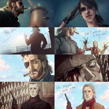 ... 0tiboon 1girl 2boys aged_down bandana beard big_boss blonde_hair blood blood_on_face brown_hair cigar cloud comic day dual_wielding english_text eye_socket eyepatch facial_hair flashback frown gloves gradient_background gun handgun has_bad_revision holding lighter long_sleeves md5_mismatch metal_gear_(series) metal_gear_solid_3:_snake_eater metal_gear_solid_v:_the_phantom_pain missing_eye mole multiple_boys mustache naked_snake night no_headwear ocean pain ponytail quiet_(metal_gear) resized resolution_mismatch revolver revolver_ocelot salute scar scar_across_eye scar_on_face scarf screaming smile smoking source_smaller spoilers spoken_ellipsis spinning_gun spinning_weapon upscaled venom_snake weapon white_hair