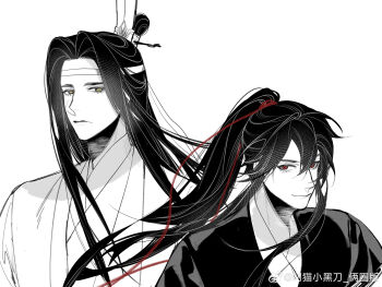 2boys bishounen black_hair black_hanfu chinese_clothes chinese_commentary closed_mouth commentary_request diaomaoxiaoheidaoliangquanban eyelashes floating_hair greyscale hair_between_eyes hair_ribbon hanfu headband height_difference high_ponytail highres implied_yaoi long_hair looking_at_viewer male_focus modao_zushi monochrome multiple_boys ponytail red_eyes red_ribbon ribbon robe sidelocks simple_background smile spot_color topknot upper_body watermark wei_wuxian weibo_watermark white_background white_hanfu white_headband xiao_guan_(headdress) yellow_eyes