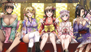 5girls bare_shoulders barefoot black_choker blonde_hair boots breasts brown_boots brown_eyes brown_hair choker cleavage closed_mouth commentary_request crossed_legs detached_sleeves earrings feet_out_of_frame finger_heart floral_print floral_print_kimono flower gekka_(hanamiko) green_eyes green_kimono grin hair_flower hair_ornament hair_over_one_eye hairy harutsubaki_(hanamiko) heart heart_hands heart_in_heart_hands highres inazuma_(hanamiko) japanese_clothes jewelry kamishiro_hina kimono large_breasts looking_at_viewer multiple_girls nazuna_(hanamiko) necklace obi off_shoulder open_mouth outstretched_arms parted_lips pink_hair pink_kimono pink_pupils pink_sash pink_sleeves print_kimono purple_kimono purple_nails red_eyes red_kimono red_nails red_sash ryouma_(galley) sakigake_no_hanamiko sash sitting sleeveless sleeveless_kimono smile sunflower sunflower_hair_ornament thighhighs twintails v white_thighhighs yellow_eyes yellow_sash