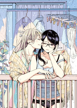 2girls absurdres balcony bare_shoulders black-framed_eyewear black_bra black_hair black_panties blush bow bow_panties bra brown_hair building cigarette closed_eyes clothes_pin clothes_writing commentary_request copyright_request couple cover crack curtains day glasses hair_over_shoulder hand_on_another's_arm hand_on_own_cheek hand_on_own_face happy head_rest highres jewelry kiss kissing_cheek laundry long_hair magazine_cover multiple_girls nail_polish necklace no_pants one_eye_closed panties pendant plant profile railing red_nails sakurada_reiko sharing shawl side_ponytail smile strap_slip swept_bangs tank_top triangle underwear vines yuri