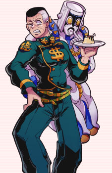1boy bad_id bad_pixiv_id belt black_hair chocoblood dessert disgust dollar_sign drooling food gakuran grey_hair holding holding_plate jojo_no_kimyou_na_bouken male_focus multicolored_hair nijimura_okuyasu plate pompadour school_uniform solo stand_(jojo) striped_background the_hand_(stand) two-tone_hair yen_sign