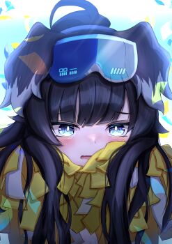 1girl 9zn absurdres animal_ears black_hair blue_archive blue_eyes blush cheerleader commentary_request dog_ears dog_girl goggles goggles_on_head halo hibiki_(blue_archive) hibiki_(cheer_squad)_(blue_archive) highres holding holding_pom_poms long_hair looking_at_viewer open_clothes pom_pom_(cheerleading) pom_poms solo star_(symbol) star_sticker sticker sticker_on_face yellow_halo