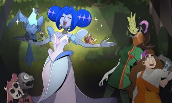 3girls absurdres andrea_(knights_of_guinevere) android animal animatronic blue_hair dress francesca_(knights_of_guinevere) glitch_productions highres knights_of_guinevere multiple_girls princess princess_guinevere purple_dress smile solo