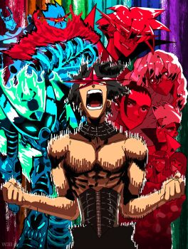 absurdres core_drill drill goggles goggles_on_head highres kamina_(ttgl) kamina_shades multiple_boys multiple_girls multiple_persona nia_teppelin screaming simon_(ttgl) simon_shades spiral_power tengen_toppa_gurren_lagann toned toned_male topless_male triangular_eyewear youngweb5