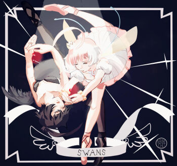 Rule 34 | 2girls, ahiru (princess tutu), ahoge, ballerina, ballet, ballet dress, ballet slippers, bare shoulders, black hair, breasts, commentary, crown, dancing, dress, en pointe, english commentary, jewelry, multiple girls, necklace, nekoichu, pantyhose, pink hair, princess kraehe, princess tutu, princess tutu (character), rue (princess tutu), short hair, tutu, wings