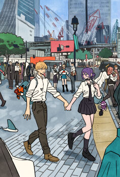 Rule 34 | 5girls, 6+boys, androgynous, angel devil (chainsaw man), angel wings, backpack, bag, bag charm, beam (chainsaw man), black choker, black hair, black necktie, black pants, black shoes, black skirt, black socks, black suit, blonde hair, blue sailor collar, blue skirt, braid, brick road, brown hair, brown shoes, chainsaw man, character charm, charm (object), choker, city, collared shirt, demon horns, denji (chainsaw man), flower, formal clothes, full body, hair between eyes, hair bun, halo, hands on own hips, hayakawa aki, higashiyama kobeni, highres, holding, holding hands, holding ice cream cone, hood, hood up, hoodie, horns, ice cream cone, jacket, kishibe (chainsaw man), long hair, makima (chainsaw man), multiple boys, multiple girls, neckerchief, necktie, pants, pleated skirt, pochita (chainsaw man), ponytail, power (chainsaw man), princi (chainsaw man), purple hair, red hair, red neckerchief, reze (chainsaw man), sailor collar, school uniform, shark fin, shirt, shoes, short ponytail, single braid, skirt, sleeves rolled up, socks, suit, suit jacket, takeuchi ryousuke, updo, violence fiend (chainsaw man), white flower, white hoodie, white shirt, wings, yoshida hirofumi