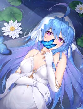 1girl absurdres ahoge armpit_crease artist_name azur_lane blue_hair breasts bridal_veil bride bug butterfly commentary covered_navel covering_own_mouth dress elbow_gloves english_commentary flower gloves gold_choker hair_between_eyes helena_(azur_lane) helena_(miracle_in_white)_(azur_lane) highres insect jewelry kyl490 lily_pad long_hair looking_at_viewer lying medium_breasts official_alternate_costume on_water purple_eyes ring sidelocks signature veil very_long_hair water_lily_flower wedding_dress wedding_ring white_dress white_gloves