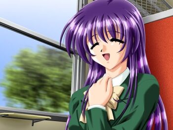 1girl closed_eyes happy long_hair purple_hair sitting tottemo_pheromone tsunashima_erika