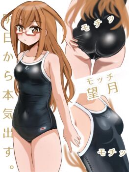 1girl adjusting_clothes adjusting_swimsuit anchor_symbol ass blush breasts brown_eyes brown_hair commentary_request competition_school_swimsuit glasses kantai_collection long_hair mochizuki_(kancolle) multiple_views red-framed_eyewear school_swimsuit sirayuki0328081 small_breasts solo swimsuit white_background