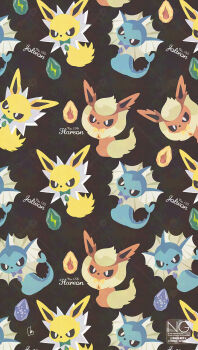 animal_focus blue_bow blue_fur bow cetacean_tail character_name english_text evolution_stone evolutionary_stone fins fire_stone fish_tail flareon forked_tail gen_1_pokemon green_bow head_fins highres jolteon meme_(sleepsheep) neck_fur nintendo no_humans orange_fur pokemon pokemon_(creature) pokemon_focus tail vaporeon water_stone yellow_bow yellow_fur