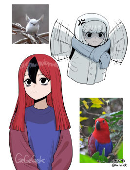 absurdres anger_vein artist_name bags_under_eyes bird black_eyes black_hair blue_bird blue_scarf blunt_ends bob_cut cardigan closed_mouth coat commentary creature_and_personification cropped_torso empty_eyes english_commentary expressionless frown gegegekman hair_between_eyes highres hood hood_up in_tree korean_text leaning_forward long_hair long_sleeves looking_afar looking_ahead looking_to_the_side motion_blur motion_lines multicolored_hair on_branch open_cardigan open_clothes original pale_skin parrot personification photo-referenced photo_(medium) purple_cardigan purple_sweater red_bird red_hair reference_inset scarf serious shaded_face short_hair signature streaked_hair sweater swinging_arms tit_(bird) tree twitter_username two-tone_hair upper_body v-shaped_eyebrows v_arms white_bird white_coat wing_flapping winter_clothes