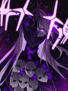 1girl alternate_form bad_end brown_hair colored_inner_hair commentary crack crown doll english_commentary floating_crown flower herta_(honkai:_star_rail) herta_(rubert_iii)_(honkai:_star_rail) highres honkai:_star_rail honkai_(series) hoo_shi long_hair multicolored_hair purple_eyes purple_flower ribs skull symbol-shaped_pupils tears