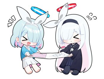 >_< 2girls :< :d arona_(blue_archive) black_coat black_hairband black_pantyhose black_sailor_collar black_skirt blue_archive blue_hair blue_halo blue_shirt blush_stickers bow braid chibi chibi_only closed_mouth coat flying_sweatdrops hair_bow hair_over_one_eye hairband halo highres long_hair long_sleeves multicolored_hair multiple_girls neckerchief no_shoes notice_lines open_clothes open_coat open_mouth pantyhose pink_hair plana_(blue_archive) pulling rcej7787 red_halo sailor_collar shirt short_hair skirt smile streaked_hair ticket very_long_hair white_bow white_hairband white_neckerchief white_sailor_collar white_skirt