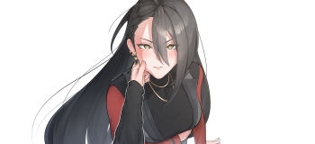 1girl 1other absurdres black_hair blush cheek_pinching earrings gold_earrings gold_necklace green_eyes highres jewelry koruijinobi long_hair looking_at_viewer necklace pinching sarah_(zenless_zone_zero) single_earring twitter_username white_background zenless_zone_zero
