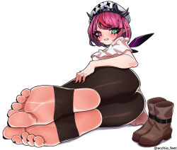 Rule 34 | 1girl, ass, barefoot, blush, boots, feet, green eyes, heterochromia, highres, hololive, irys (hololive), looking at viewer, lying, medium hair, on side, parted lips, pointy ears, red hair, shoes, soles, stirrup legwear, toeless legwear, toes, unworn boots, unworn shoes