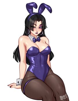 1girl animal_ear_hairband animal_ears arm_support artist_name bare_shoulders black_hair black_nails blushyspicy bow bowtie breasts closed_mouth commentary covered_navel english_commentary fake_animal_ears hairband highleg highleg_leotard highres large_breasts leotard long_hair looking_at_viewer marvel nail_polish pantyhose playboy_bunny psylocke purple_bow purple_bowtie purple_leotard rabbit_ear_hairband rabbit_ears simple_background sitting solo strapless strapless_leotard thick_thighs thighs white_background white_wrist_cuffs wrist_cuffs
