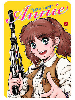 1girl :d annie_(uchuu_keiji_shaider) blush brown_hair brown_vest character_name cochinealextra earrings gun highres holding holding_gun holding_weapon jewelry looking_at_viewer medium_hair metal_hero open_mouth shirt smile solo tokusatsu uchuu_keiji_shaider vest weapon white_shirt yellow_background