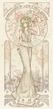 1girl absurdres art_nouveau artist_self-insert bare_shoulders branch cherry_blossoms clothing_cutout curly_hair dated english_text flower full_body green_eyes hair_flower hair_ornament hand_up highres long_skirt looking_to_the_side medium_hair original parted_lips procreate_(medium) shirt short_sleeves shoulder_cutout skirt solo standing white_hair white_shirt white_skirt yellow_background yellow_flower zhuyingmiao