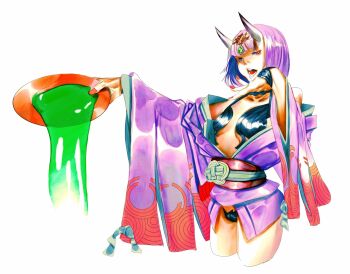 1girl ambiguous_green_liquid bob_cut breasts commentary cropped_legs cup fate/grand_order fate_(series) gem green_gemstone headpiece highres holding holding_cup horns japanese_clothes kimono long_sleeves makeup nail_polish off_shoulder oni open_mouth parted_lips pouring purple_eyes purple_hair purple_kimono red_nails revealing_clothes sakazuki short_hair shuten_douji_(fate) simple_background small_breasts solo storyteller777 white_background wide_sleeves