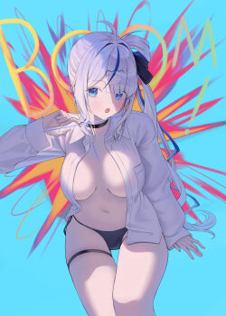 Rule 34 | 1girl, absurdres, aokumo rin, bikini, bikini bottom only, black bikini, black choker, blue eyes, breasts, choker, collared shirt, colored eyelashes, commentary request, dos (ehgns007kr), grenade pin, highres, large breasts, long hair, long sleeves, looking at viewer, multicolored hair, navel, no bra, no pants, open clothes, open mouth, open shirt, shirt, side-tie bikini bottom, side ponytail, solo, stellive, stomach, streaked hair, string bikini, swimsuit, thigh strap, thighs, very long hair, virtual youtuber, white eyelashes, white hair, white shirt