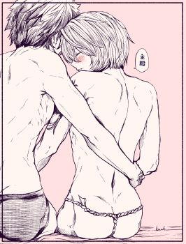 2boys ambush_(trap) arm_tattoo ass back black_hair blush chin_rest fate/grand_order fate_(series) from_behind fujimaru_ritsuka_(male) fundoshi fuuma_kotarou_(fate) hair_over_one_eye half-closed_eyes hand_around_waist hand_on_own_hip hand_tattoo head_on_head head_rest highres holding holding_partner japanese_clothes kamenakake male_focus multiple_boys muscular muscular_male red_hair short_hair smile tattoo trap underwear underwear_only yaoi