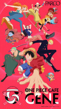 Rule 34 | 2025, 2girls, 6+boys, absurdres, artist collaboration, bent over, bikini, bikini top only, bikini under clothes, black hair, blonde hair, blue hair, blue skin, brook (one piece), carousel, cigarette, clenched hand, clenched teeth, closed eyes, coat, colored skin, copyright name, cropped jacket, curly eyebrows, denim, denim shorts, facial hair, fish boy, franky (one piece), full body, gloves, goggles, goggles on head, green hair, happy, hat, headphones, highres, holding, holding sword, holding weapon, hug, jacket, jinbe (one piece), jumping, long hair, long nose, monkey d. luffy, multiple boys, multiple girls, mustache stubble, nami (one piece), nami (one piece) (return to sabaody), nico robin, nico robin (return to sabaody), official art, one eye closed, one piece, open mouth, orange eyes, orange hair, pants, parco (retailer), red background, red coat, red gloves, roronoa zoro, sanji (one piece), scar, scar across eye, scar on face, short-sleeved jacket, short hair, short sleeves, shorts, sidelocks, skeleton, smile, straw hat pirates, stubble, sweatdrop, swimsuit, sword, teeth, thousand sunny, tinted eyewear, tony tony chopper, tusks, usopp, v-shaped eyebrows, weapon, yellow-tinted eyewear