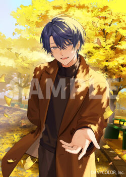 1boy bench black_pants black_shirt blue_hair blue_sky brown_coat coat commentary_request copyright_notice ginkgo_leaf ginkgo_tree harusaki_air isamu leaf long_sleeves looking_at_viewer male_focus nijisanji offering_hand official_art open_mouth outdoors pants road sample_watermark shirt short_hair sky smile solo teeth upper_teeth_only virtual_youtuber watermark