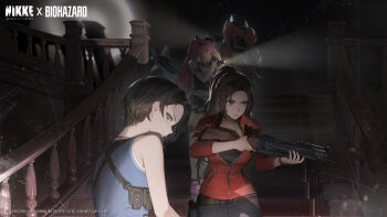 Rule 34 | absurdres, black shirt, blue eyes, blue skirt, break-action grenade launcher, break action, brown hair, claire redfield, closed mouth, collared shirt, cropped, crossover, denim, flashlight, forehead, goddess of victory: nikke, green eyes, grenade launcher, grey pants, gun, highres, holding, holding flashlight, holding gun, holding weapon, indoors, jacket, jeans, jill valentine, long hair, long sleeves, looking afar, looking at viewer, m79, medium hair, miranda (nikke), pants, pink hair, ponytail, quiry (nikke), red jacket, resident evil, shirt, shotgun, skirt, sleeveless, sleeveless shirt, stairs, standing, twintails, very long hair, walking, weapon, white shirt