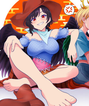 2girls anger_vein antlers bandana black_wings blue_bandana blue_shirt blush breasts brown_hair brown_hat commentary_request cowboy_hat dragon_girl egasumi feathered_wings grin hat highres horns kicchou_yachie kisaragi_koushi kurokoma_saki large_breasts looking_at_viewer multiple_girls off-shoulder_shirt off_shoulder orange_skirt red_eyes shirt short_hair sitting skirt smile solo_focus spoken_anger_vein touhou turtle_shell wings yellow_horns