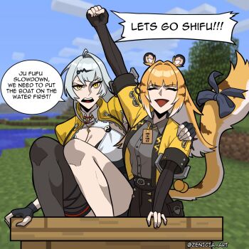 2girls animal_ear_fluff animal_ears black_gloves blonde_hair colored_inner_hair fingerless_gloves game_screenshot_background gloves grey_hair hair_ornament highres jacket ju_fufu long_hair minecraft multicolored_hair multiple_girls open_mouth screenshot_background short_sleeves tail tiger_ears tiger_girl tiger_tail white_hair yellow_eyes yellow_jacket yixuan_(zenless_zone_zero) zenicia_art zenless_zone_zero