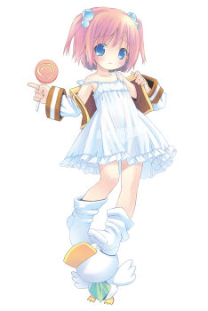 1girl absurdres ah-kun bare_shoulders bird blue_eyes blush brown_vest candy collarbone detached_sleeves dress duck food frilled_dress frills full_body hair_bobbles hair_ornament highres holding holding_candy holding_food holding_lollipop lollipop long_sleeves looking_at_viewer moetan nijihara_ink no_shoes open_clothes open_vest parted_lips pink_hair pop_(electromagneticwave) short_dress short_hair simple_background sleeveless sleeveless_dress socks solo spaghetti_strap standing swirl_lollipop two_side_up vest white_background white_dress white_sleeves white_socks