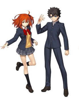 Rule 34 | 1boy, 1girl, ahoge, black hair, black jacket, black pants, black socks, blue eyes, bow, bowtie, breast pocket, breasts, brown shoes, buttons, clenched hand, closed mouth, collared shirt, command spell, fate/grand order, fate (series), fujimaru ritsuka (female), fujimaru ritsuka (male), full body, grey skirt, hair between eyes, hair ornament, hand up, jacket, lapels, long sleeves, looking at viewer, medium breasts, miniskirt, non-web source, official alternate costume, official art, open clothes, open jacket, orange eyes, orange hair, pants, pleated skirt, pocket, red bow, red bowtie, school uniform, shirt, shoes, short hair, side ponytail, simple background, skirt, smile, socks, souya high school uniform, standing, standing on one leg, sweater vest, teeth, tongue, tongue out, transparent background, white shirt, yellow sweater vest