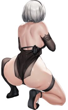 1girl 2b_(nier:automata) 2b_(yorha_unofficial_waterfront_gear)_(nikke) aiming alternate_costume ass black_hairband black_one-piece_swimsuit black_thighhighs breasts bumcha crossover curvy full_body goddess_of_victory:_nikke hairband highleg highleg_one-piece_swimsuit highres holding holding_weapon huge_ass looking_ahead medium_hair narrow_waist nier:automata nier_(series) non-web_source official_alternate_costume official_art one-piece_swimsuit pelvic_curtain ryona see-through_clothes see-through_pelvic_curtain sideboob single_thighhigh skindentation squatting swimsuit thick_thighs thigh_strap thighhighs thighs thong thong_one-piece_swimsuit transparent_background underboob weapon white_hair wide_hips