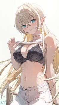 1girl absurdres against_railing aqua_eyes black_bra blush bra breasts clothes_lift cowboy_shot elf highres large_breasts long_hair looking_at_viewer may9 navel original pants pointy_ears railing shirt shirt_lift sleeveless sleeveless_shirt smile solo stomach underwear white_background white_pants