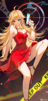 1girl absurdres ahoge anklet bangle bare_shoulders black_background blonde_hair blue_eyes bracelet breasts caution_tape chinese_commentary cleavage commentary_request crosshair dress earrings foot_out_of_frame gold_necklace gun handgun highres holding holding_gun holding_weapon hoop_earrings jewelry keep_out long_hair looking_at_viewer mubai_jiang nail_polish necklace panty_&amp;_stocking_with_garterbelt panty_(psg) parted_lips red_dress red_nails red_shoes shoes short_dress sleeveless sleeveless_dress small_breasts smile smoke smoke_trail smoking_barrel solo strap_slip swept_bangs very_long_hair watermark weapon weibo_watermark