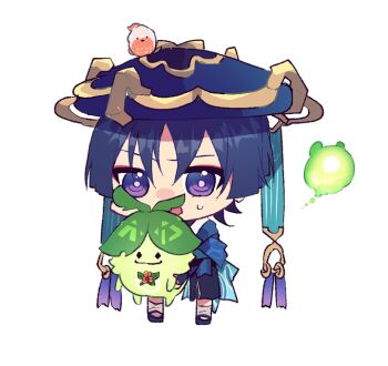 Rule 34 | 1boy, animal, animal on head, aranara (genshin impact), bird, bird on head, black bridal gauntlets, black hair, black shoes, black shorts, blue cape, blue hat, blunt ends, bridal gauntlets, cape, chibi, choppy bangs, commentary request, creature, eyeliner, finch, flower, full body, furisode, genshin impact, gold, hat, holding, holding creature, japanese clothes, jingasa, kimono, leaf, makeup, male focus, on head, open mouth, purple eyes, purple pupils, red eyeliner, red flower, ringed eyes, scaramouche (genshin impact), shoes, shorts, socks, standing, sweatdrop, wanderer (genshin impact), white background, white kimono, white socks, zkym78