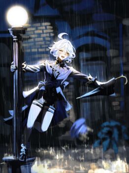 1girl absurdres ahoge building closed_eyes furina_(genshin_impact) genshin_impact gloves highres holding holding_umbrella mimi012500 multicolored_hair night open_mouth rain smile solo streaked_hair umbrella window