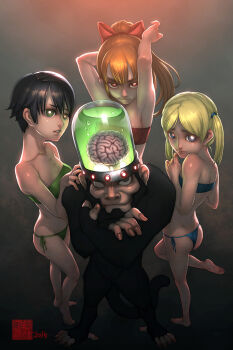 2015 3girls armpits arms_up ass bandeau bandeau_bikini bare_legs bare_shoulders barefoot bikini black_hair blonde_hair blossom_(ppg) blue_bikini blue_eyes bow brain brain_capsule breasts bubbles_(ppg) buttercup_(ppg) cartoon_network closed_mouth crossed_arms feet full_body glowing glowing_eyes gluteal_fold gradient_background green_bikini green_eyes groin hair_bow hair_tie highres hypnosis long_hair looking_at_viewer looking_back mind_control mojo_jojo monkey multiple_girls orange_hair parted_lips ponytail powerpuff_girls red_bikini red_bow red_eyes short_hair side-tie_bikini_bottom small_breasts soles standing standing_on_one_leg strapless strapless_bikini swimsuit toes transparent_brain_capsule tube_top twintails zhaoyebai